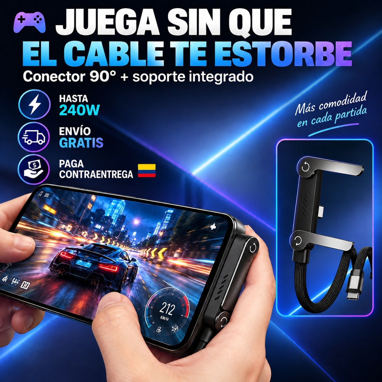 Cable Premium Carga Rápida 240W 2 en 1 con Soporte para Celular