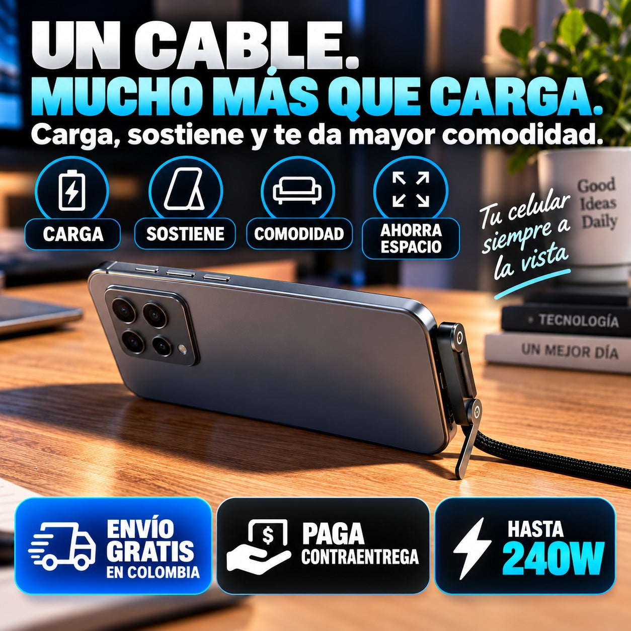 Cable Premium Carga Rápida 240W 2 en 1 con Soporte para Celular