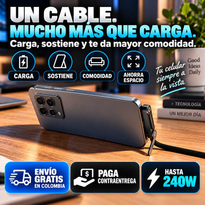 Cable Premium Carga Rápida 240W 2 en 1 con Soporte para Celular USB-C a USB-C